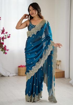 Teal Zari Work Tissue Saree Set