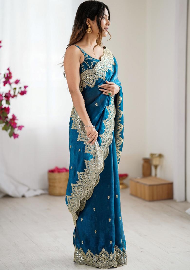 Teal Zari Work Tissue Saree Set - Indya
