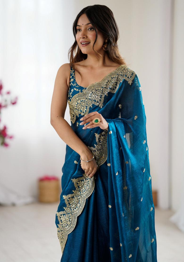 Teal Zari Work Tissue Saree Set - Indya