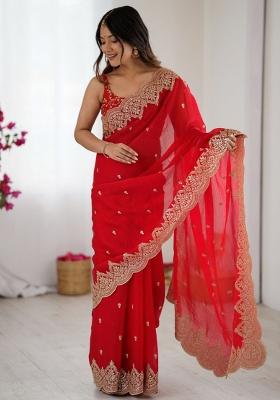 Red Zari Work Tissue Saree Set