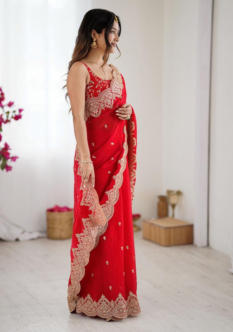 Red Zari Work Tissue Saree Set - Indya