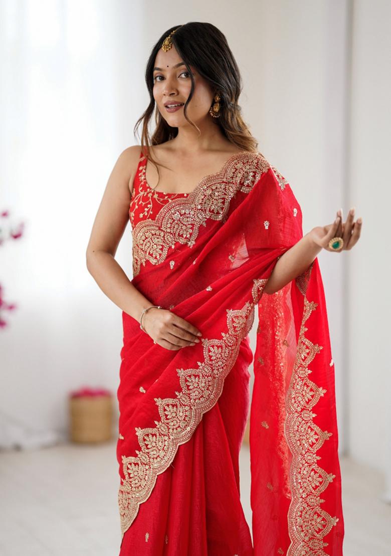 Red Zari Work Tissue Saree Set - Indya