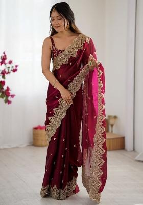 Wine Zari Work Tissue Saree Set