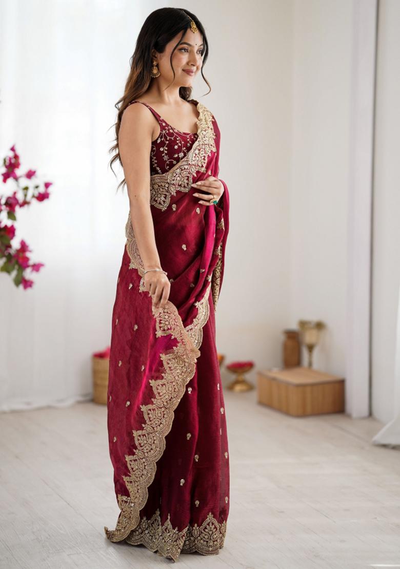 Wine Zari Work Tissue Saree Set - Indya