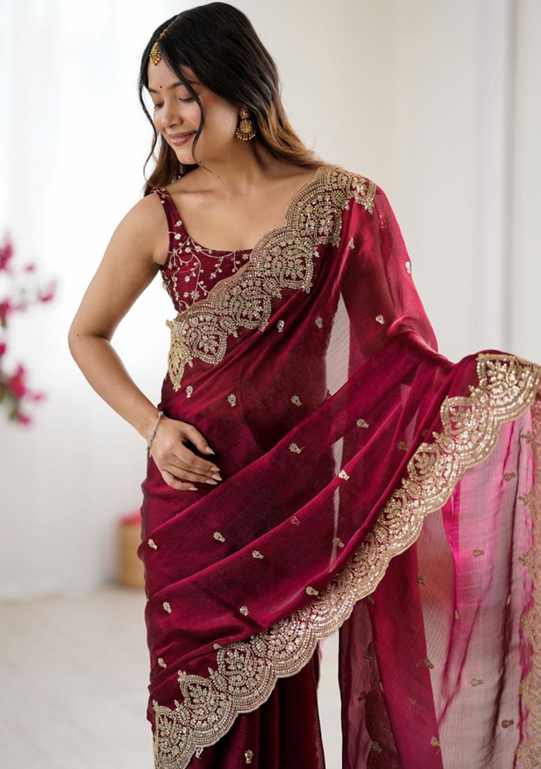 Wine Zari Work Tissue Saree Set - Indya