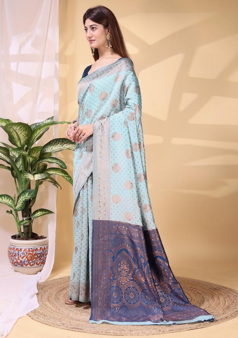 Sky Blue Zari Work Silk Saree Set - Indya