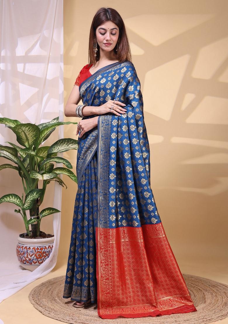 Blue Zari Work Silk Saree Set - Indya