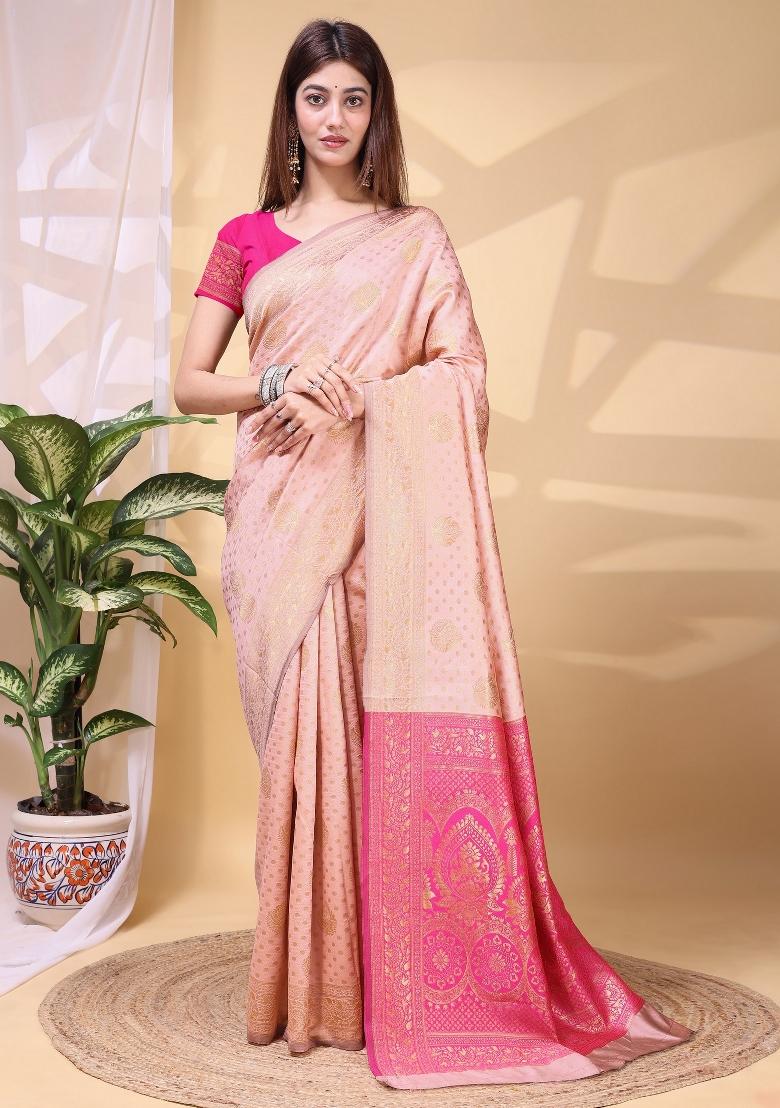 Pink Zari Work Silk Saree Set - Indya