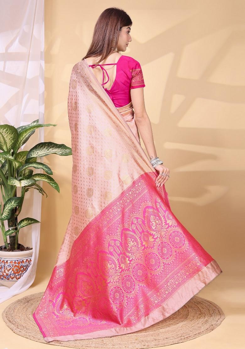 Pink Zari Work Silk Saree Set - Indya