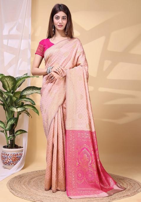 Pink Zari Work Silk Saree Set
