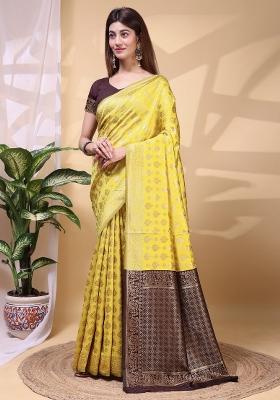 Yellow Zari Work Silk Saree Set