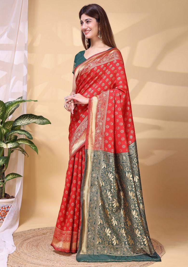 Red Zari Work Silk Saree Set - Indya