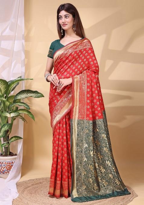 Red Zari Work Silk Saree Set