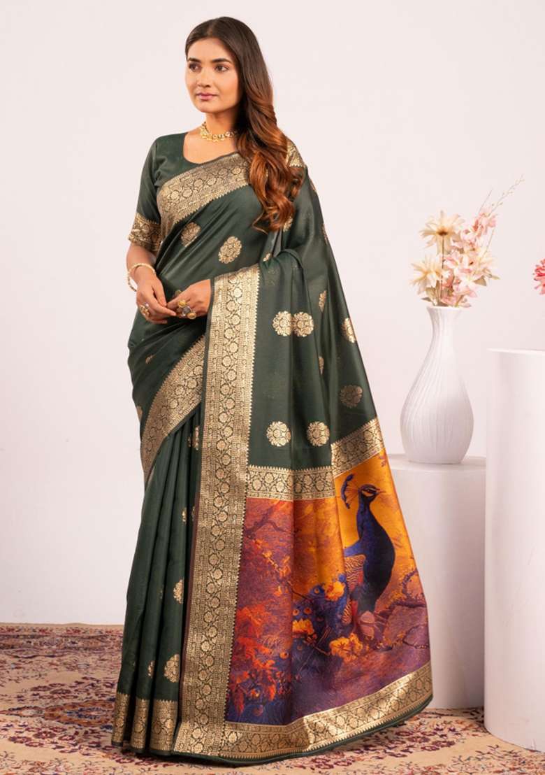 Green Abstract Silk Saree Set for Diwali and Festive Wear - Indya
