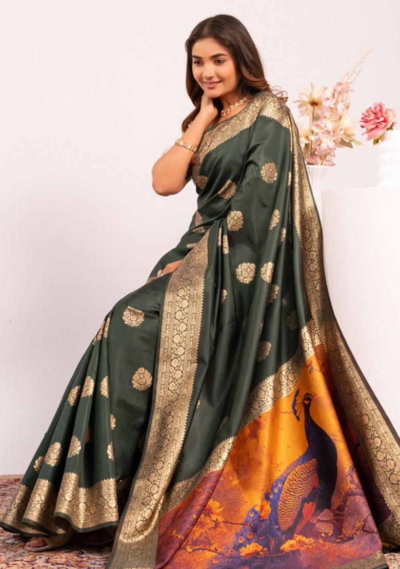Green Abstract Silk Saree Set - Indya