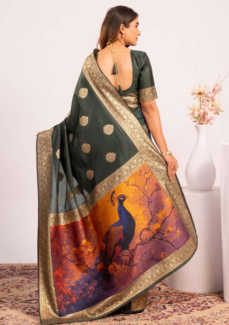 Green Abstract Silk Saree Set for Diwali and Festive Wear - Indya