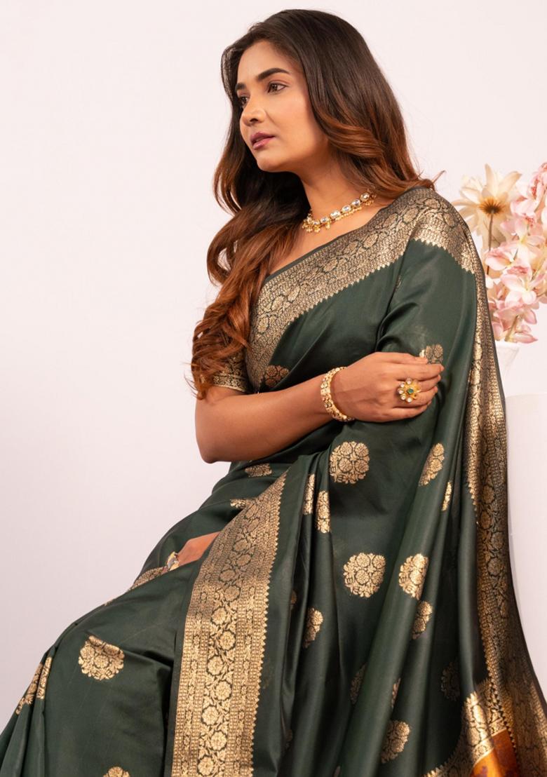 Green Abstract Silk Saree Set - Indya