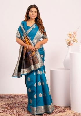 Blue Abstract Silk Saree Set