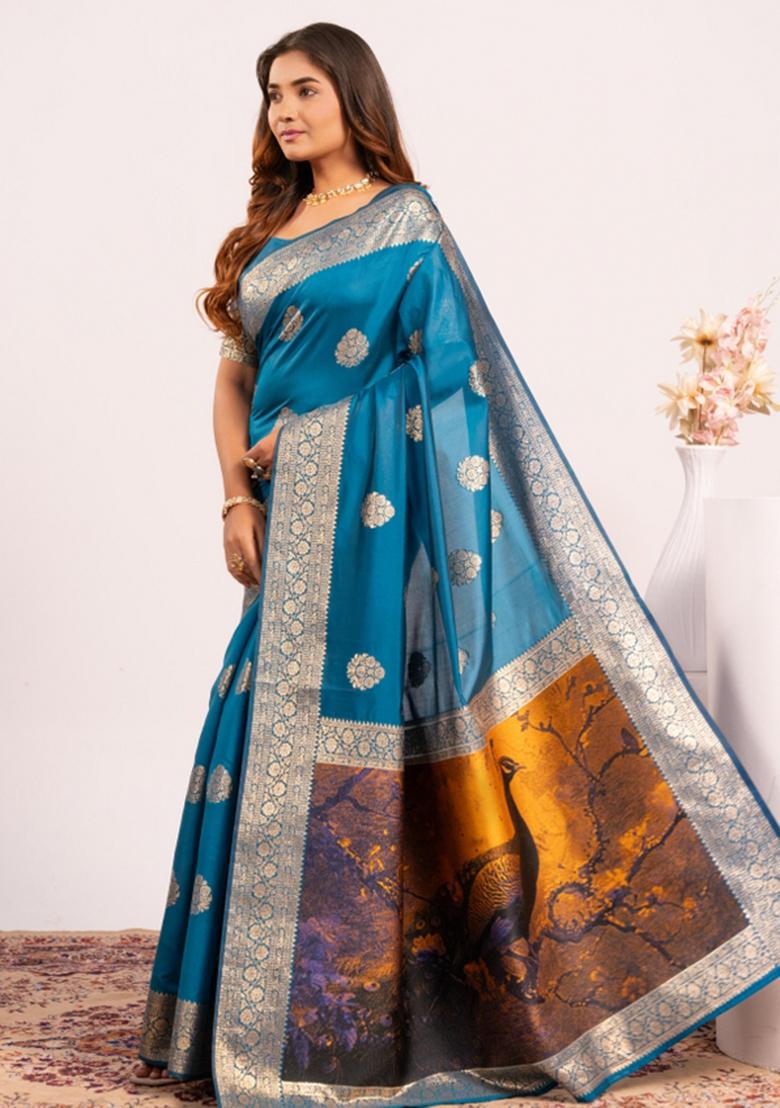 Blue Abstract Silk Saree Set - Indya