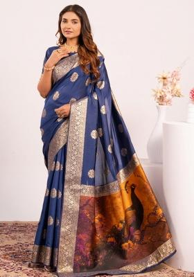 Blue Abstract Silk Saree Set