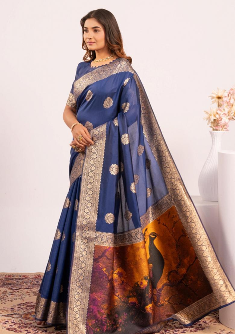 Blue Abstract Silk Saree Set - Indya
