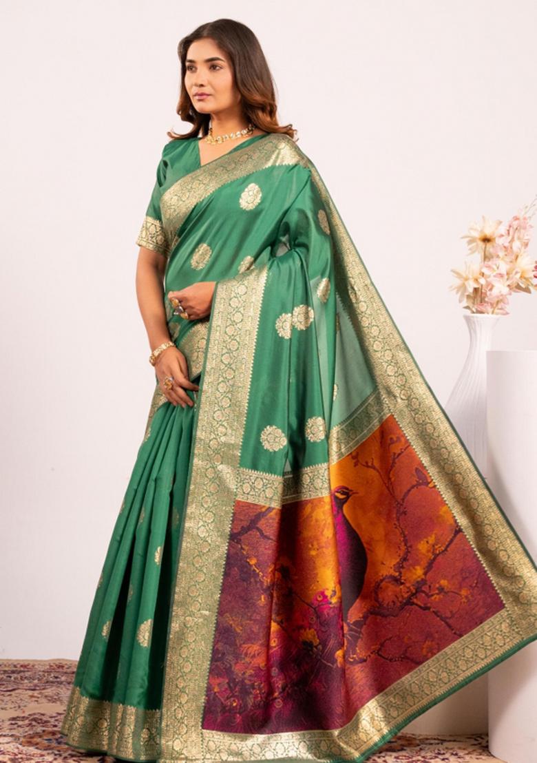 Green Abstract Silk Saree Set - Indya