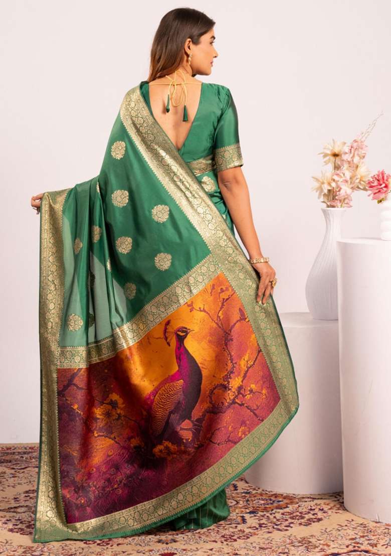 Green Abstract Silk Saree Set for Diwali and Festive Wear - Indya