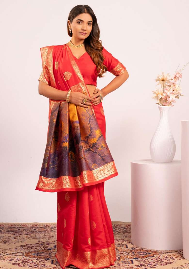 Red Abstract Silk Saree Set for Diwali and Festive Wear - Indya