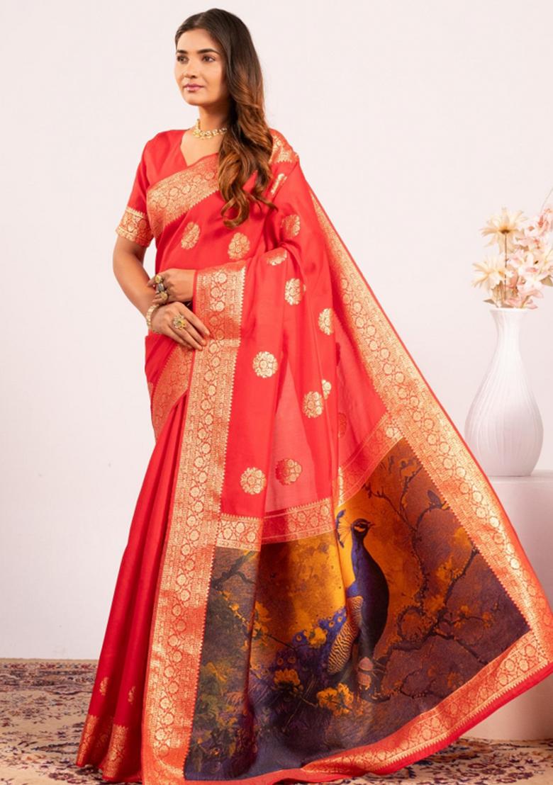 Red Abstract Silk Saree Set - Indya