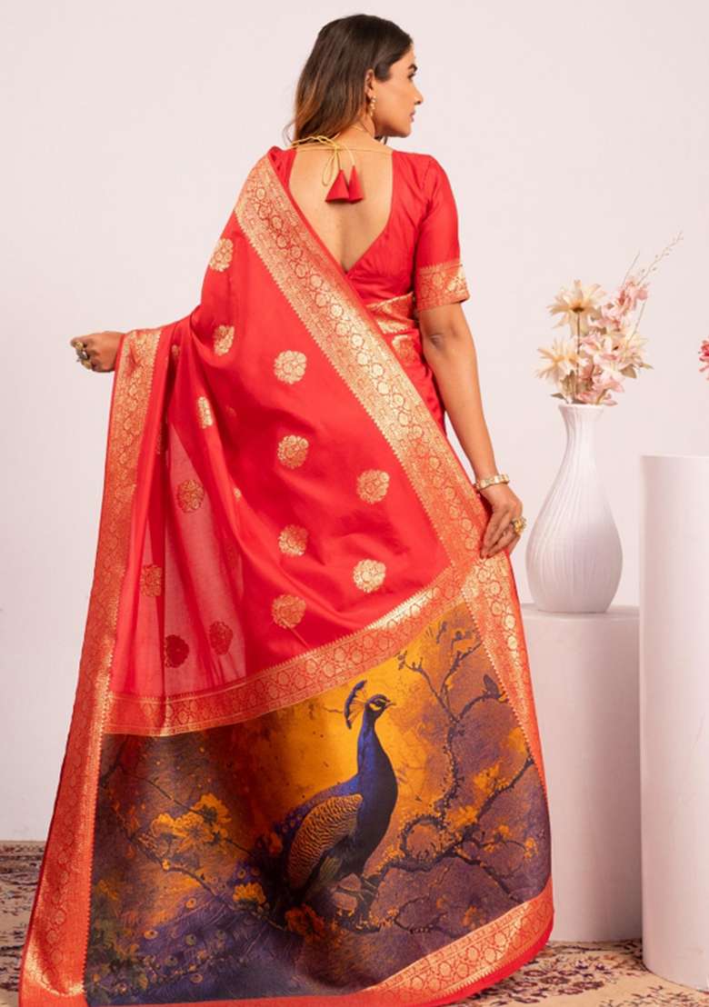 Red Abstract Silk Saree Set for Diwali and Festive Wear - Indya