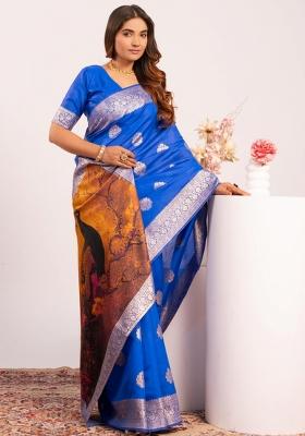 Blue Abstract Silk Saree Set