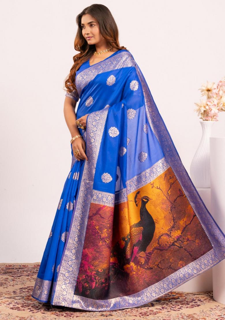 Blue Abstract Silk Saree Set - Indya