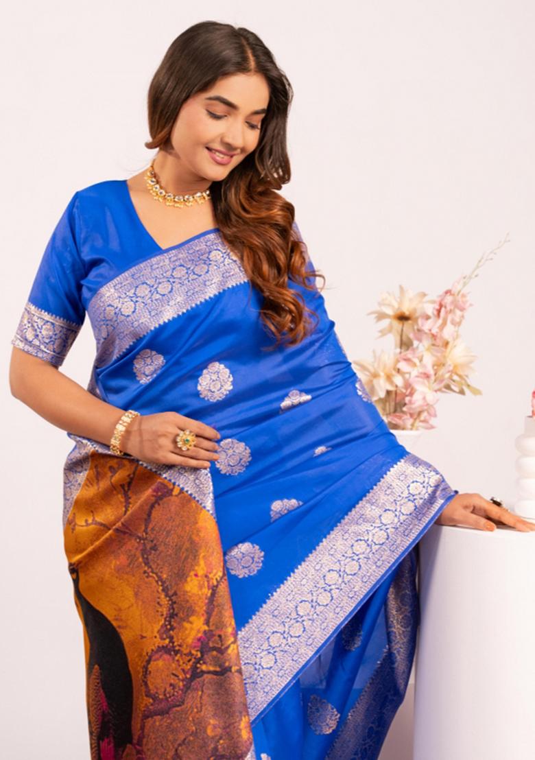 Blue Abstract Silk Saree Set - Indya