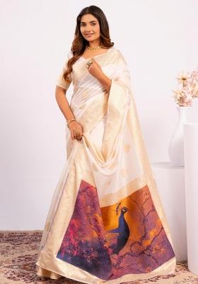 Off White Abstract Silk Saree Set