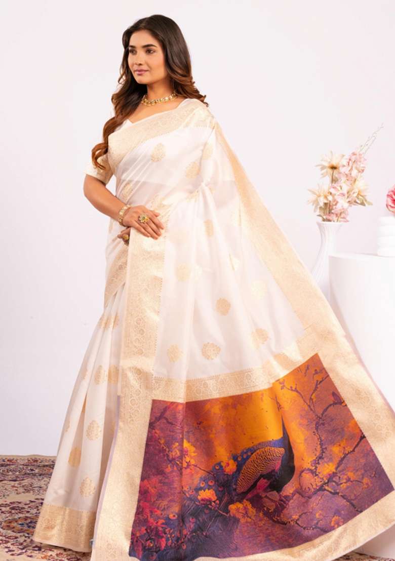 Off White Abstract Silk Saree Set for Diwali and Festive Wear - Indya