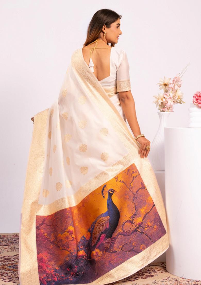 Off White Abstract Silk Saree Set - Indya