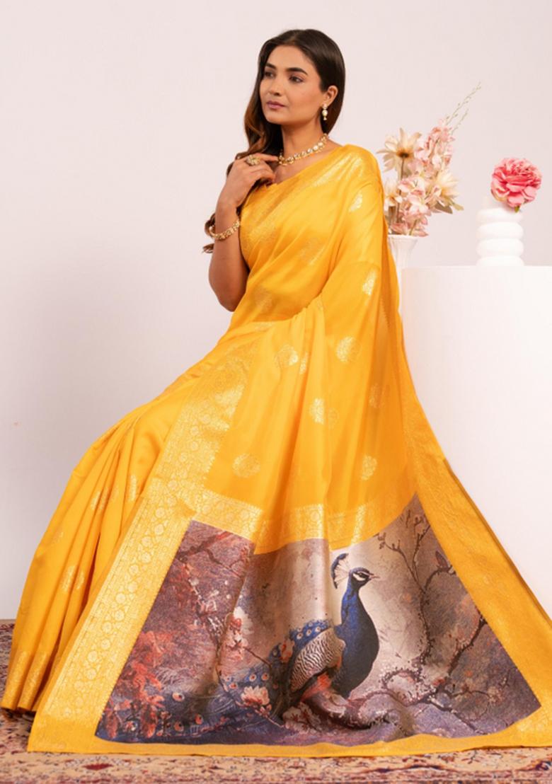 Yellow Abstract Silk Saree Set - Indya