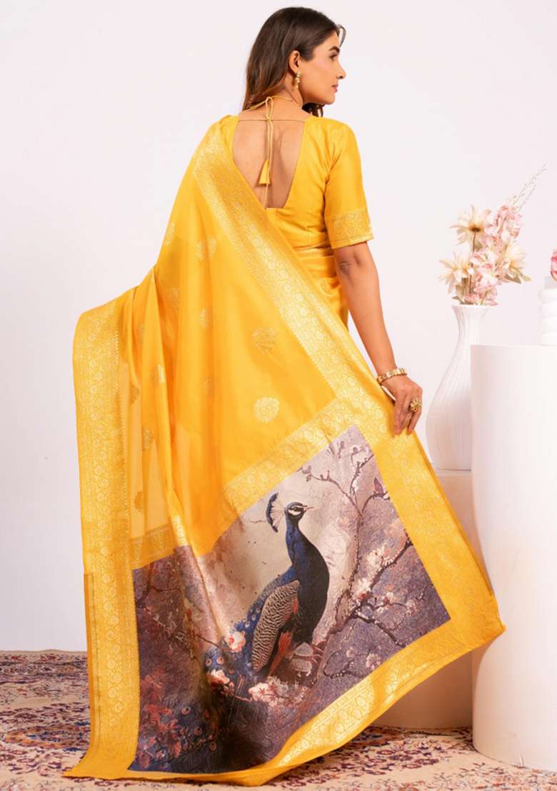 Yellow Abstract Silk Saree Set for Diwali | Wedding & Festive Wear - Indya