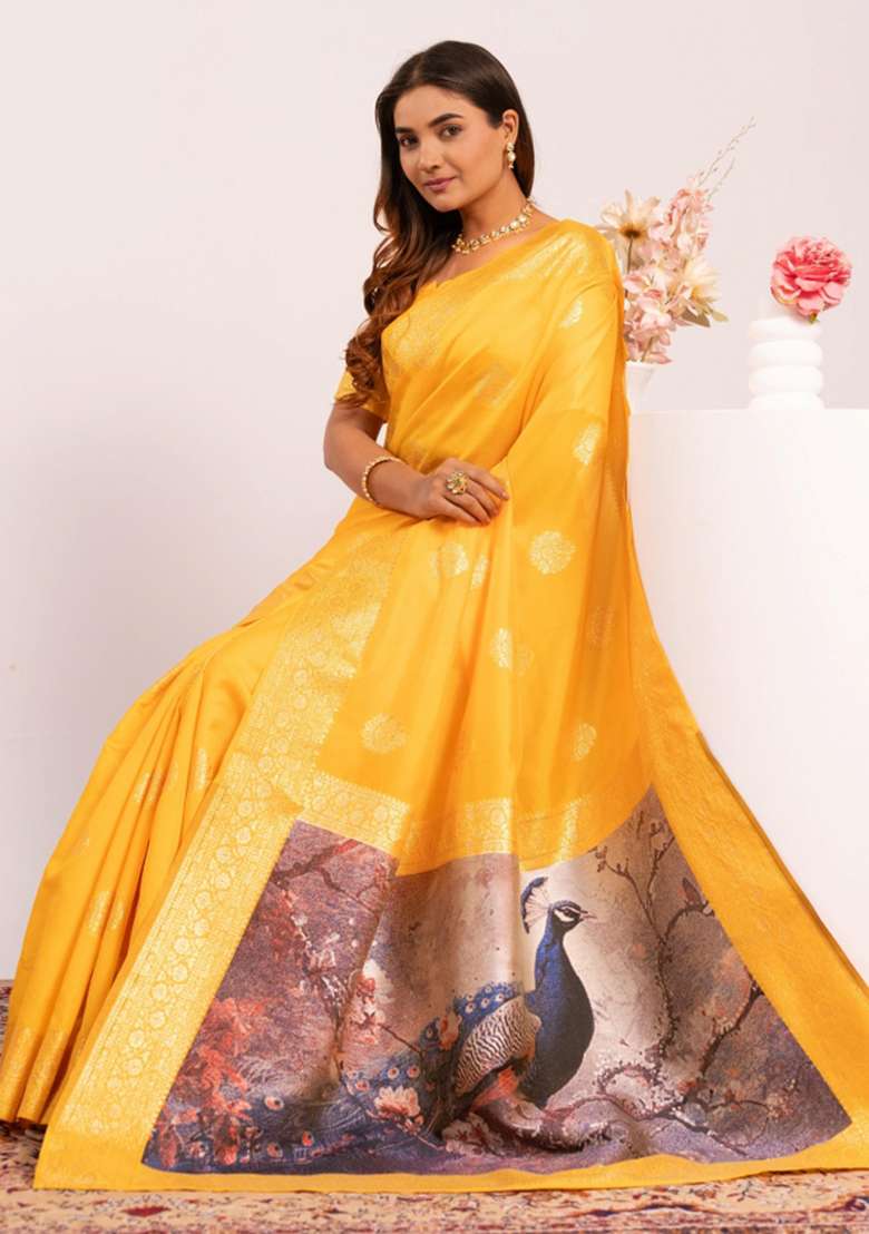 Yellow Abstract Silk Saree Set for Diwali | Wedding & Festive Wear - Indya