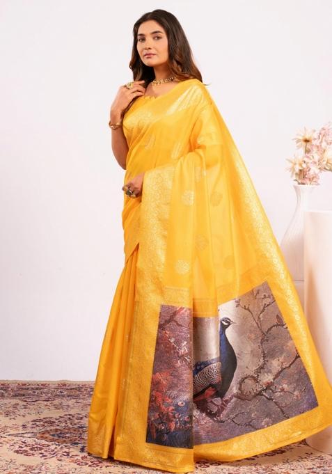 Yellow Abstract Silk Saree Set