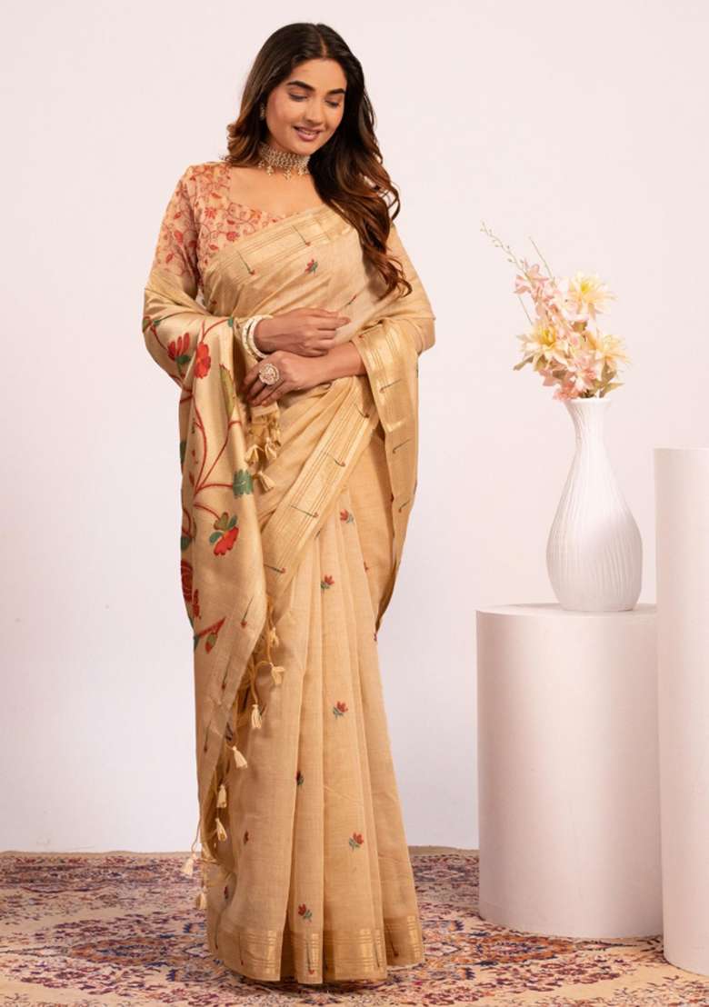 Brown Zari Work Cotton Saree Set for Diwali and Festive Wear - Indya