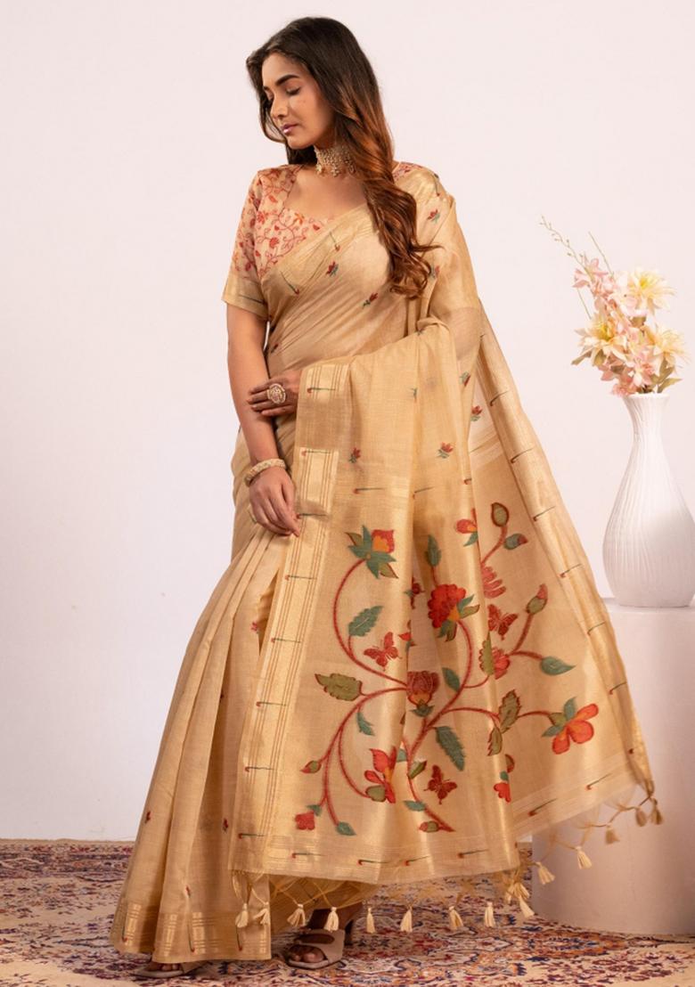 Brown Zari Work Cotton Saree Set - Indya