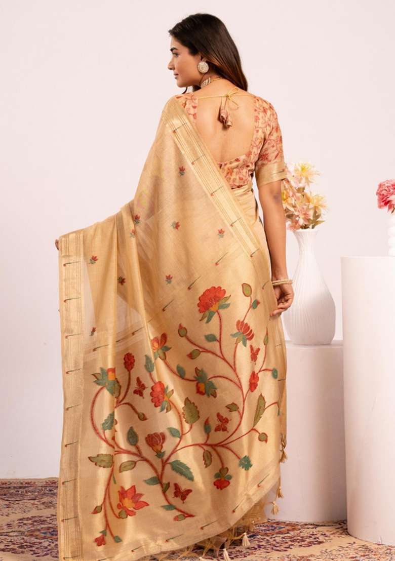 Brown Zari Work Cotton Saree Set for Diwali and Festive Wear - Indya