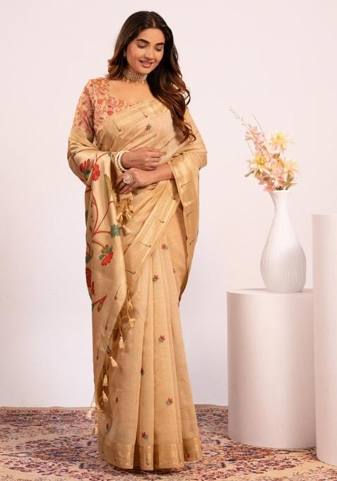 Brown Zari Work Cotton Saree Set