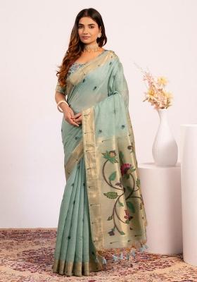 Blue Zari Work Cotton Saree Set