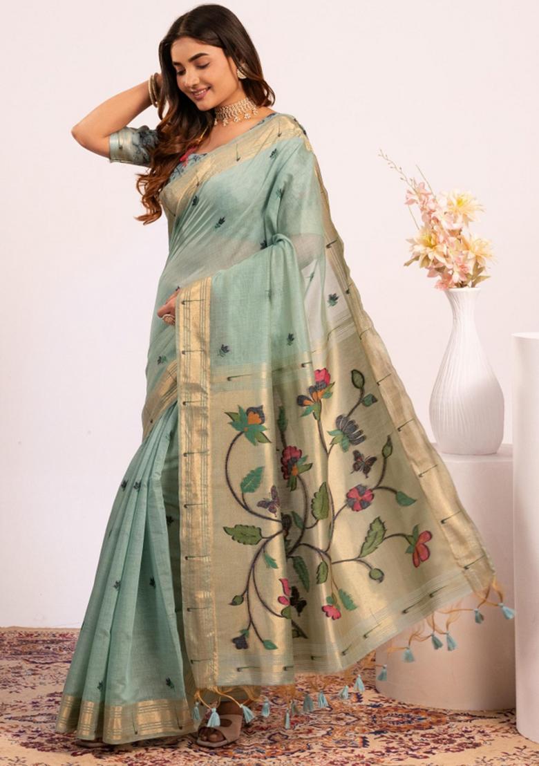 Blue Zari Work Cotton Saree Set - Indya