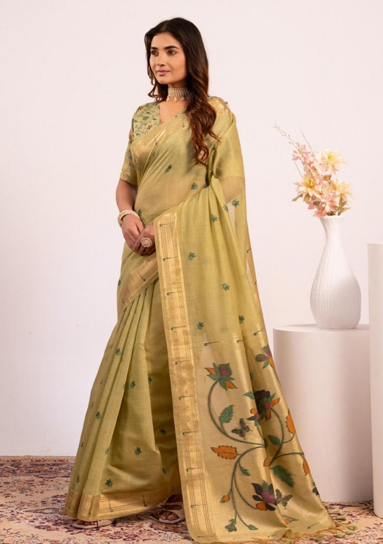 Green Zari Work Cotton Saree Set - Indya