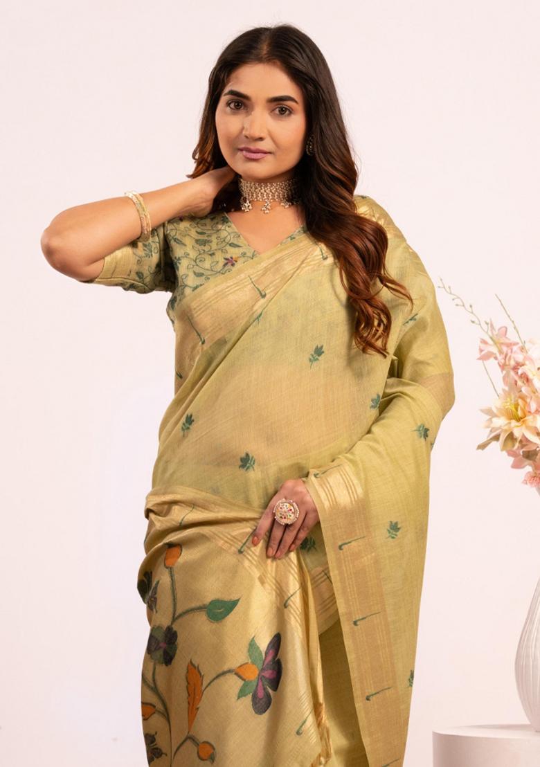 Green Zari Work Cotton Saree Set - Indya