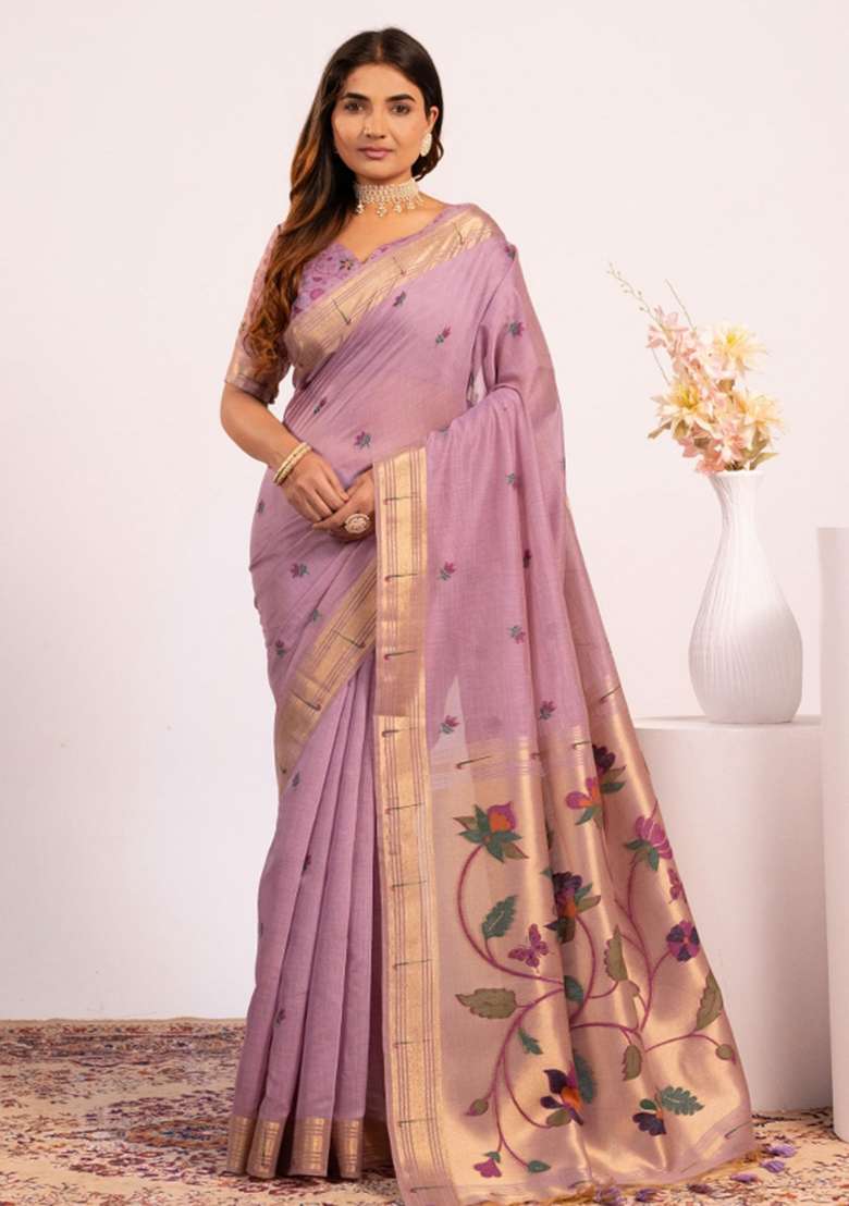 Purple Cotton Saree Set with Zari Work for Diwali | Wedding & Festive Wear - Indya