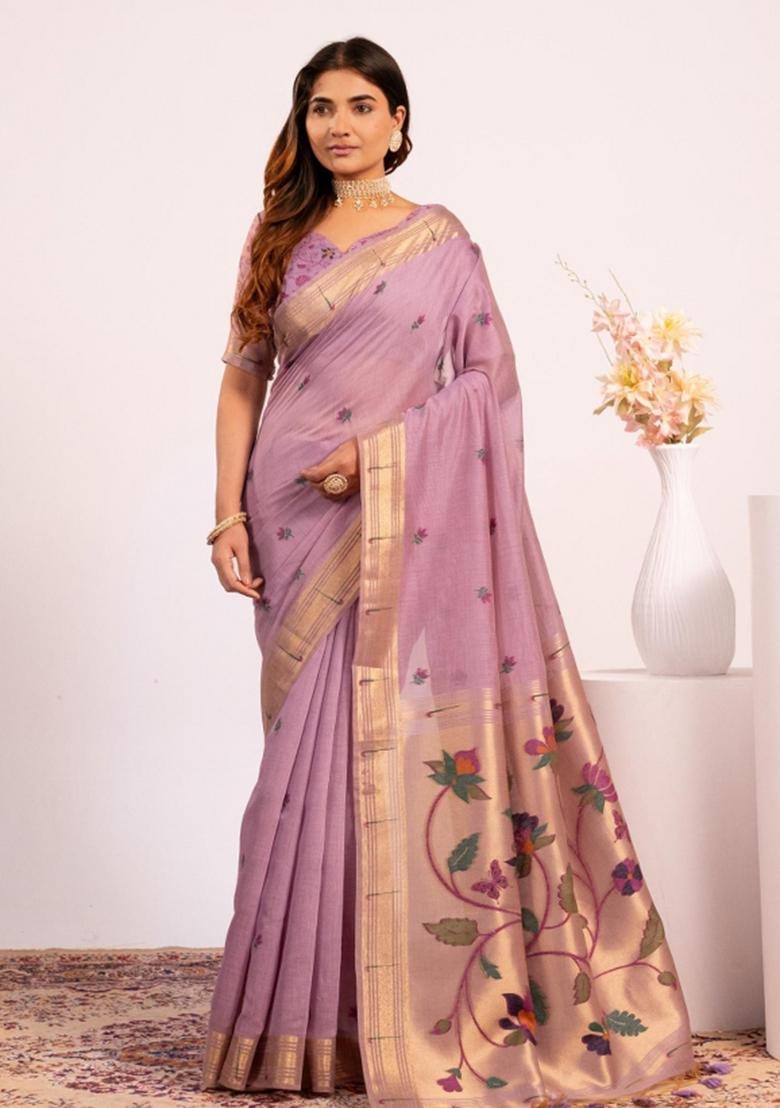 Purple Zari Work Cotton Saree Set - Indya